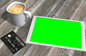 Wall Mural - green screen tablet PC credit card and cup of coffee