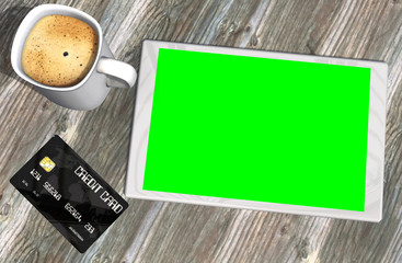 Wall Mural - green screen tablet PC credit card and cup of coffee