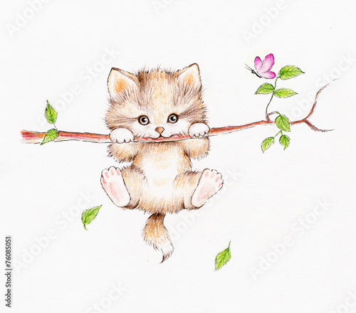 Naklejka - mata magnetyczna na lodówkę Kitten hanging on a tree