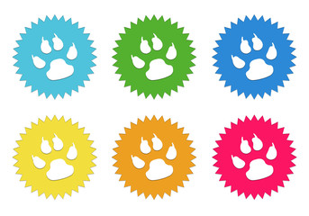 Wall Mural - set of colorful stickers icons with pet footprints symbol