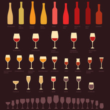 Vector Red And White Wine Glasses And Bottle Types, Alcohol,