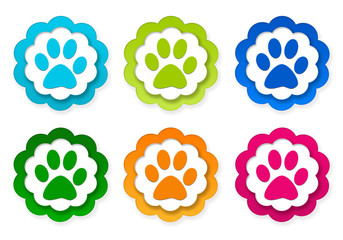 Wall Mural - set of colorful stickers icons with pet footprints symbol