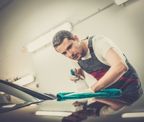 Wall Mural - Worker on a car wash cleaning car with a spray