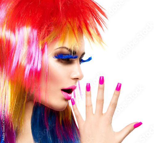 Obraz w ramie Beauty fashion punk model girl with colorful dyed hair