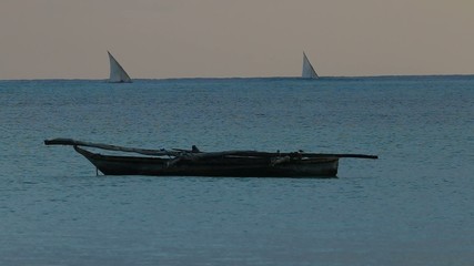 Poster - Wooden boats (dhows) at sunrise, Zanzibar island