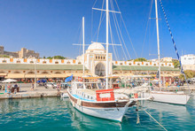 Mandraki Port And New Market (Nea Agora). Rhodes Island. Greece