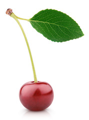 Wall Mural - Sweet ripe cherry berry with leaf isolated on white
