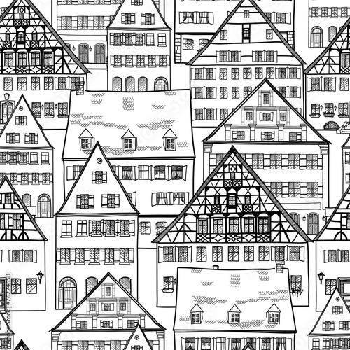 Naklejka ścienna Houses seamless pattern Old town cityscape seamless background