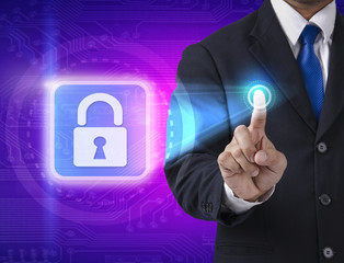 hand pushing virtual security button on digital background