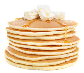 Wall Mural - Stack of delicious pancakes with butter and honey isolated