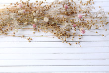 Dried Flowers On Color Wooden Planks Background
