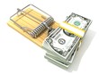 Stack of hundreds dollars, like bait, in wooden mousetrap. 3D