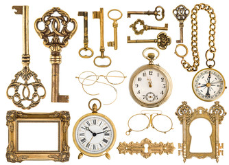 Wall Mural - golden antique accessories. baroque frame, vintage keys, clock