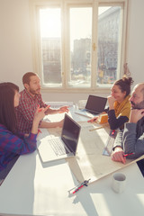 Wall Mural - Young group of people discussing business plans.