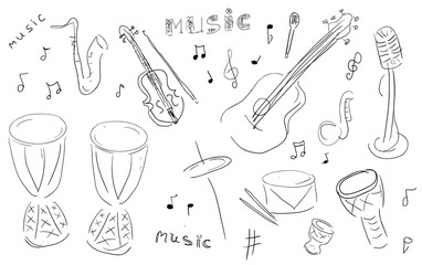 Sketch Music Instruments set - hand drawn in vector