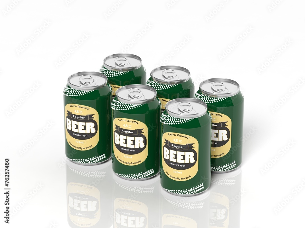 3D six pack collection of beer cans isolated on white Stock 