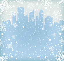 Background With Snow Flakes And City Silhouette