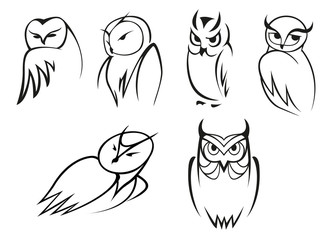 Sticker - Owl bird icons in doodle sketch outline style