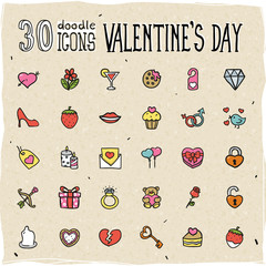 Wall Mural - 30 Colorful Doodle Valentine's Day Icons