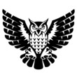 Owl with open wings and claws. Black and white tattoo eagle owl