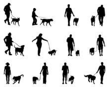 Black Silhouettes  Of People And Dogs, Vector