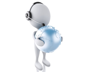 3d white person with headphones and earth globe. Global communic