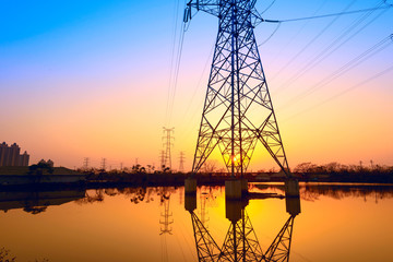 high voltage post.High-voltage tower sky background.