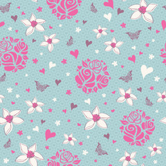 Fototapete - seamless pattern with flowers, hearts and butterflies