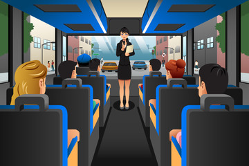 Poster - Tour guide talking to tourists in a tour bus