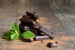 Stack of chocolate slices with mint leaf.