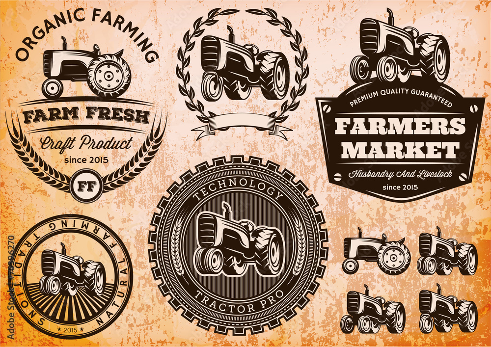 set of labels with a tractor for livestock and crop Stock Vector ...