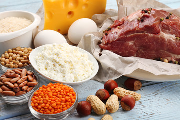 Wall Mural - Food high in protein on table, close-up