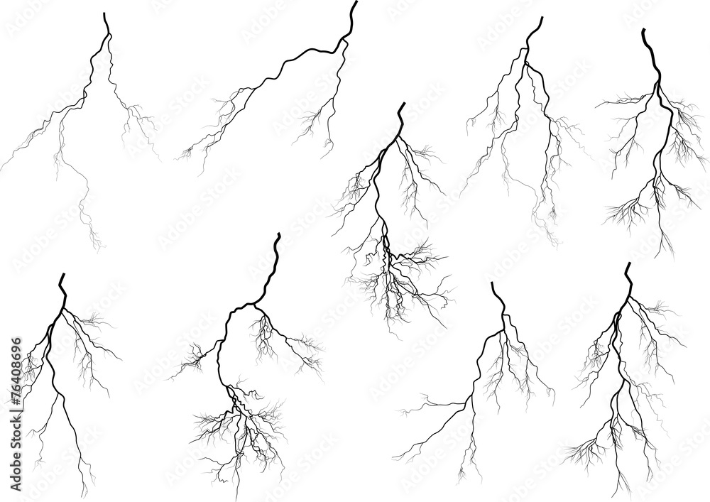 group of nine black lightnings on white - obrazy, fototapety, plakaty 