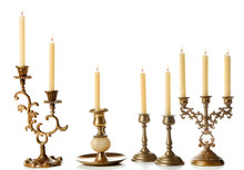 Retro Candlesticks With Candles, Isolated On White