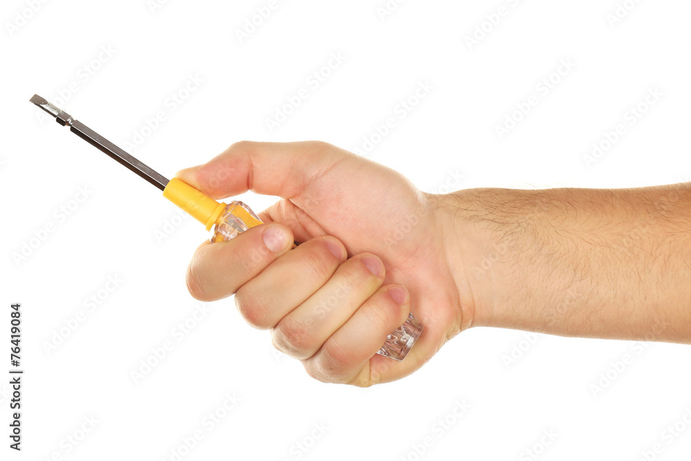 Screwdriver in male hand isolated on white