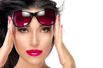 Wall Mural - Beautiful Model Holding Fashion Sunglasses on Forehead