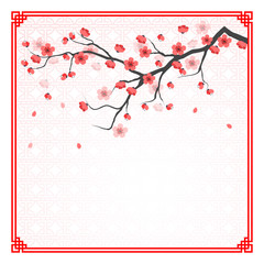 cherry blossom template with chinese frame pattern vector illust