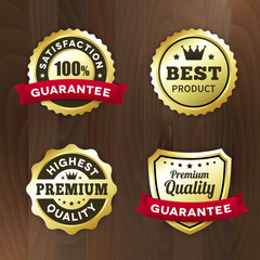 set business gold premium label on wood vector background