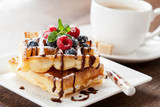 Fototapeta  - Fresh homemade brussels waffle with berries