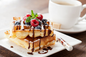 Fresh homemade brussels waffle with berries