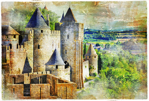 Naklejka - mata magnetyczna na lodówkę medieval castle Carcassonne, France, artisric picture