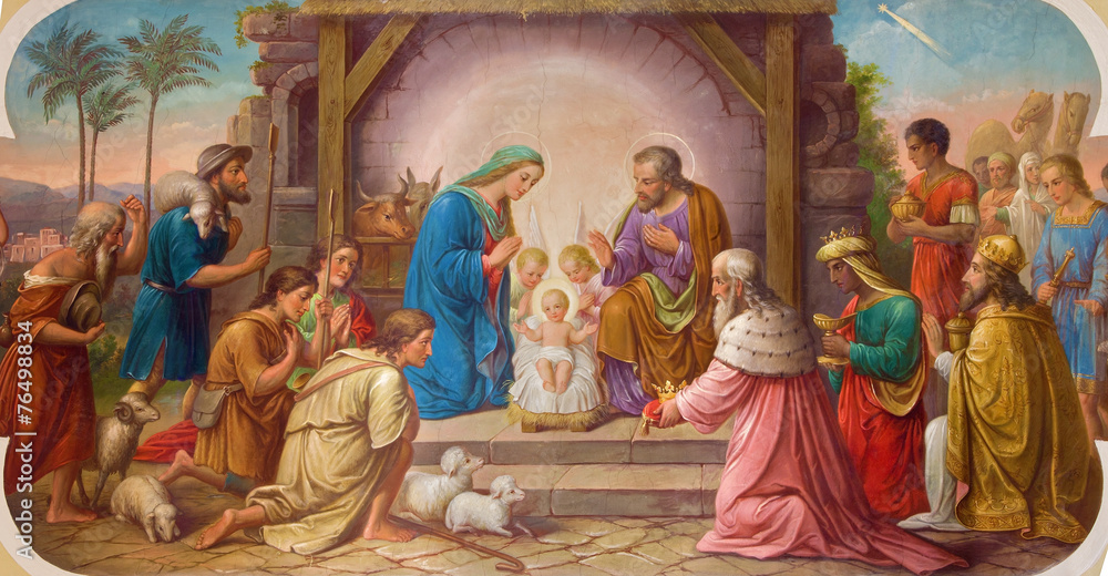 Vienna - Fresco of Nativity scene  in Erloserkirche church. - obrazy, fototapety, plakaty 