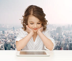 Canvas Print - happy smiling girl with tablet pc computer