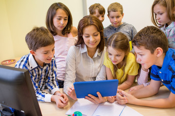 Wall Mural - group of kids with teacher and tablet pc at school