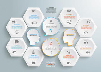 Canvas Print - 6 Hexagons 2 Heads Speech Infographic