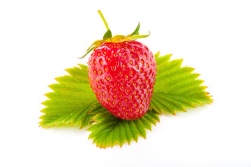 fresh cut strawberry with leaf macro isolated on white