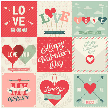 Fototapete - Valentine`s day set - emblems and cards. Vector illustration.