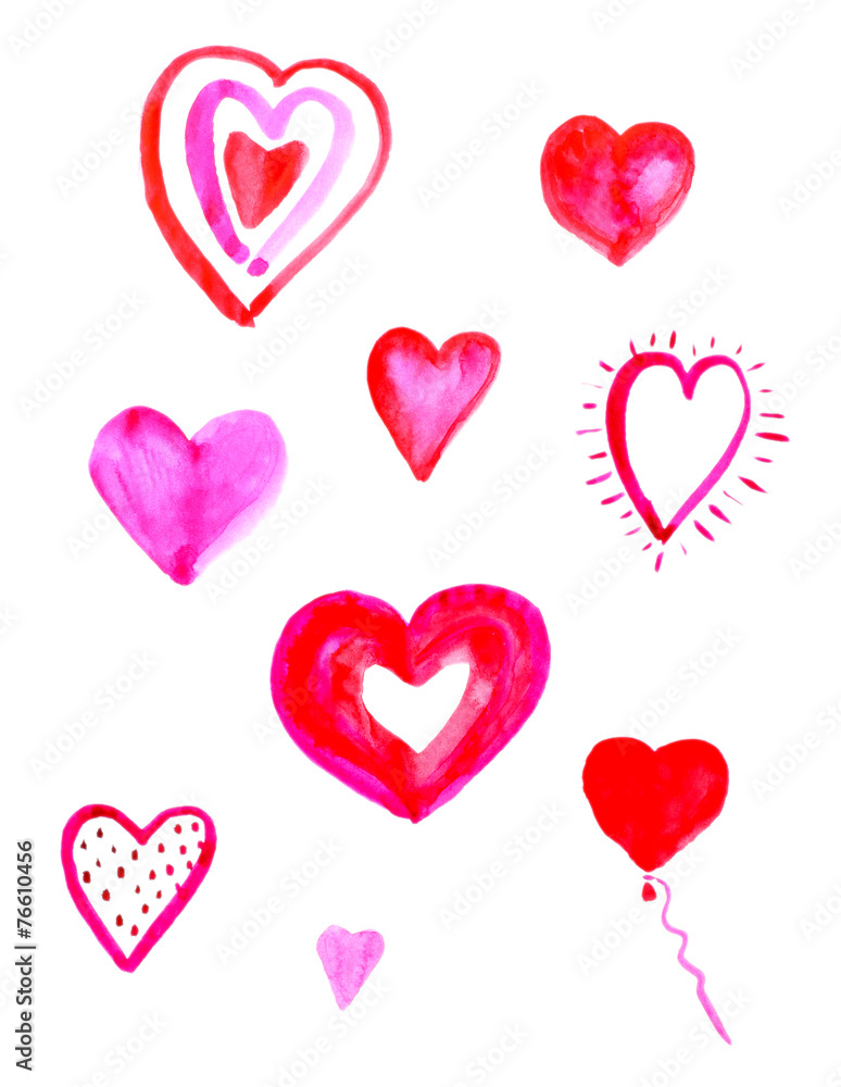 Painted hearts on sheet of paper isolated on white