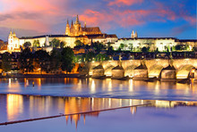 Prague Castle And Charles Bridge At Night