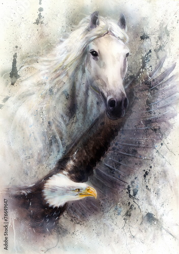 Naklejka dekoracyjna white horse with a flying eagle beautiful painting illustration